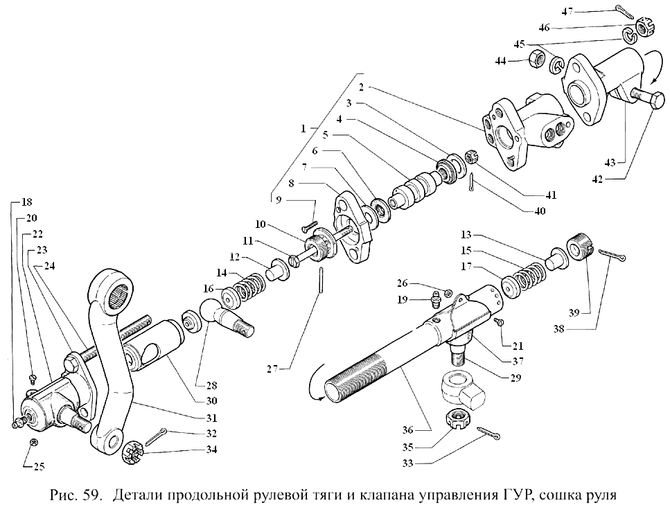 Детали продольной рулевой тяги и клапана управления ГУР, сошка руля